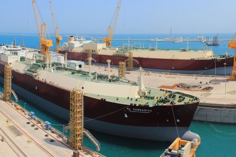 View of 2 Nakilat LNG carriers drydocked at the shipyard