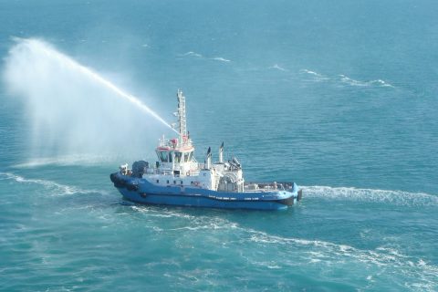 Testing fire-fighting equipment on NSW tugboat