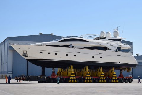 A luxury yacht getting ready to be launched
